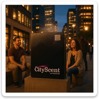 Place this exact CityScent air freshener machine realistically in the center of a modern city at evening, with city lights and a calm urban atmosphere. Show a few people sitting or standing nearby, looking relaxed and happy, enjoying the scent. The style should be photorealistic, realistic and inviting. sticker