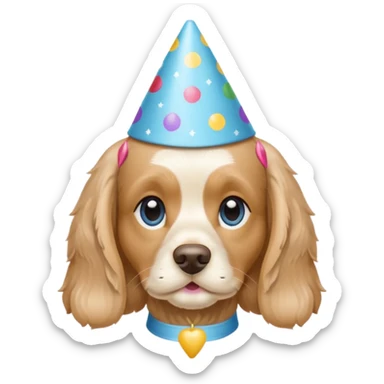Light Beige cocker spaniel with light blue eyes, wearing a party hat sticker
