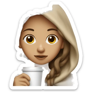 Girl with coffee dark blond hair, light skin Snuggled up in a blanket  sticker