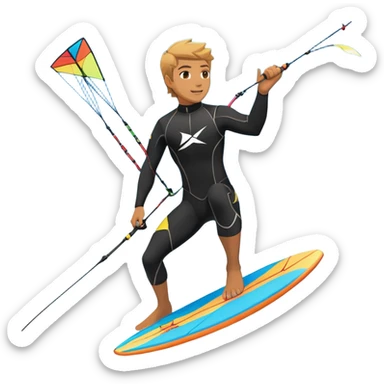 An athlete in a wetsuit riding a kiteboard, soaring over the sea waves with the kite high in the sky. The background features a vibrant blue sky and crashing ocean waves, capturing the thrill and freedom of kitesurfing in dynamic motion. sticker