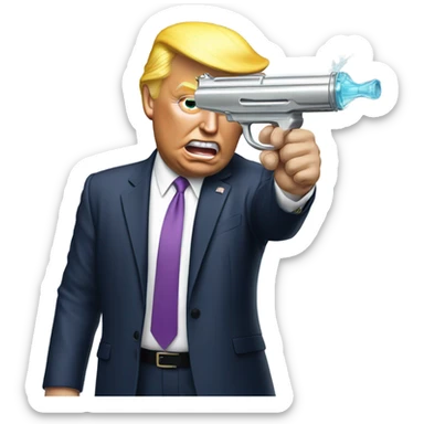 Donald trump aiming a silver squirt gun at his head sticker