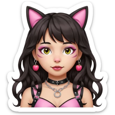 Remove any headband. Remove makeup from the cheeks and add subtle whiskers instead. Keep bangs, natural makeup, silver O-ring, light-medium Hispanic skin, long dark wavy hair, cat ears, and pink BDSM-inspired harness. Apple emoji style. sticker