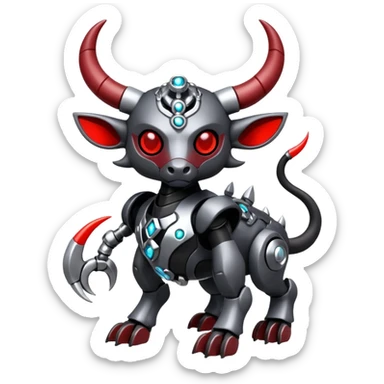Futuristic mechanical cyborg horned modern badass cool shiny metallic alloy silver-grey obsidian-black crimson-red white animal hybrid Fakemon full body with intricate patterns sticker
