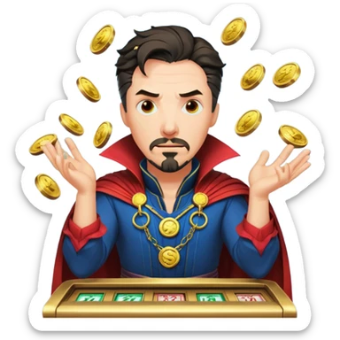 disheveled Doctor Strange losing money at a slot machine, panicked face, coins flying sticker