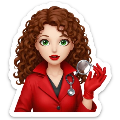 Lilith symbol sexy evil woman. She has green eyes.  had brown long curly hair.  evil surgeon kills with scalpel wears red sexy doctor coat with red mouth cover red gloves. Covers nose, neck  and mouth with red cloth sticker