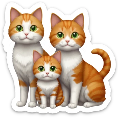 full body of 3 tiny short hair cats including a dark grey and white cat with green eyes, a ginger and white with orange eyes and a brown tabby and white with hazel eyes sticker