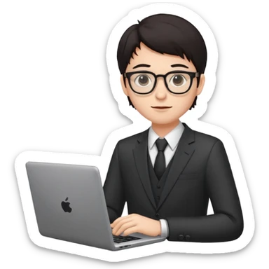 un estudiante con lentes y su laptop CON TERNO Y CABELLO NEGRO sticker