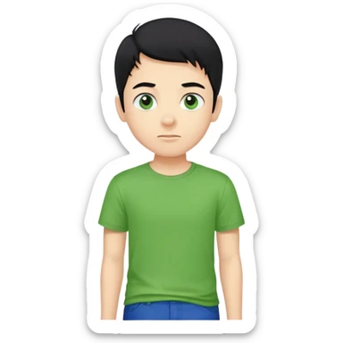 Un ragazzo con i capelli neri e gli occhi neri con una maglietta verde e i pantaloni blu senza occhiali  sticker