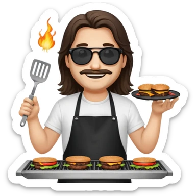 long hair man grilling wearing shade smiling in a white tshirt and a black apron grilling burger and meat on a sizzling grill sticker