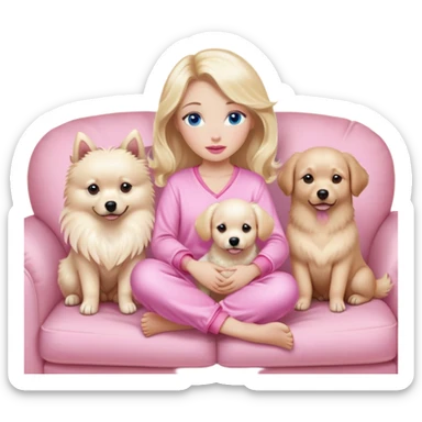 A blonde girl with blue eyes and pink lips with slightly plump cheeks in pink pajamas with feathers sits on a sofa with soft pillows and two Spitz dogs and one Labrador, beige dogs.  The girl's eyes are long and curled. Long natural eyelashes. Brown eyebrows. sticker