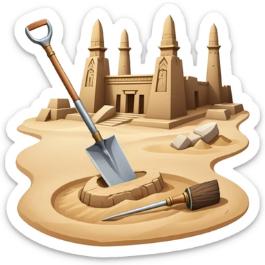 An icon showing archaeological tools—trowel, brush, and pickaxe—laid out on the sand, with the ancient Karnak temple ruins in the background. The design symbolizes exploration and discovery of ancient Egyptian history. Transparent background sticker