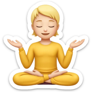 A 3D Apple-style yellow round emoji sitting in a lotus position, eyes gently closed, calm and peaceful smile, hands resting on knees with palms facing upward, relaxed eyebrows, soft glow around the emoji to symbolize inner peace, clean minimal background. sticker