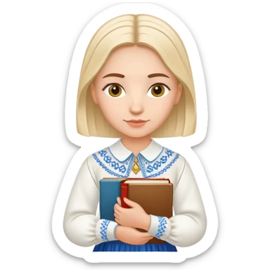 Young Ukrainian librarian wearing a traditional white embroidered vyshyvanka shirt holding books sticker