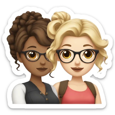 Blonde girl with glasses, brunette with curly hair and glasses and dark haired brunette with glasses and a bun sticker