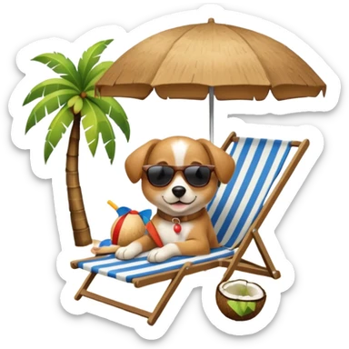 a dog laied on a beach chair, a sunny beach, a sun umbrella, and beach coconut trees. the icon should capture the essence of a relaxing beach vacation with a carefree atmosphere sticker