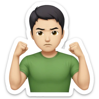 A determined Korean man in a green shirt, clenching his fist with a confident expression. Emoji-style digital illustration sticker