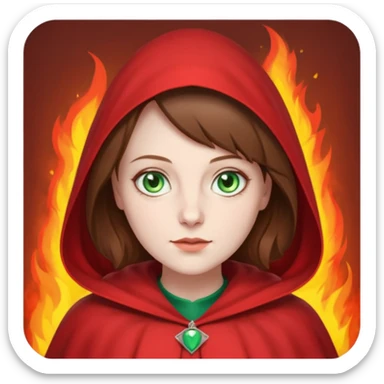 Handmaid woman with brown hair and green eyes. Only head. Background fire sticker
