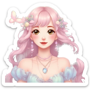 Gorgeous pastel anime style lady with blushing face and fairy dress necklace cottagecore fairycore pastelcore colorful pearly romantic simplistic aesthetic trending style sticker