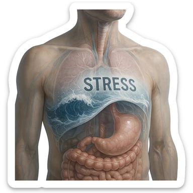 hyper realistic image of diaphragm acting as a barrier against stress, anatomical details, stress waves crashing on diaphragm, transparency effect showing inside, clinical environment, cool tones sticker