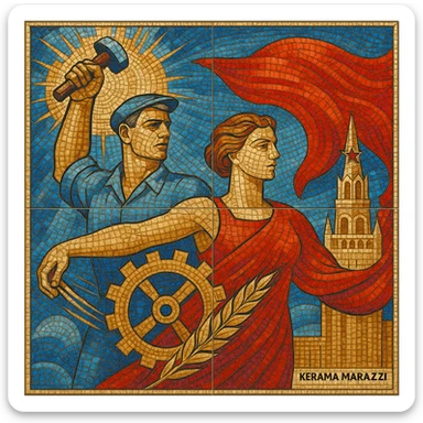 Soviet mosaic artwork reimagined as a modern Kerama Marazzi tile, detailed and colorful sticker