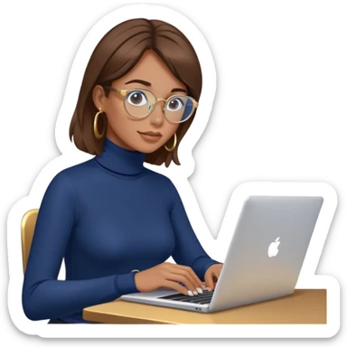 Woman with brown hair wearing navy blue turtleneck, gold hoops and blue screen glasses typing on laptop sticker