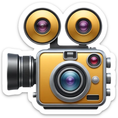 Minimal emoji icon of a huge cinematic metalic camera, front view, simple shapes, realistic lens,  sticker