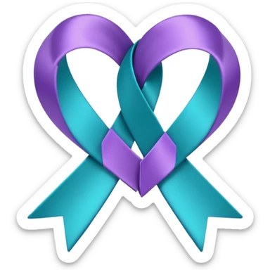 Half of a 3d rendering purple awareness ribbon,  half 3D rendering teal awareness ribbon, that connect together at the top and at the bottom to form a heart shape, 4k, no emoji icons, no emoji faces, must have a transparent background  sticker