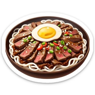 Bulgogi Cinematic Realistic Bulgogi Dish Emoji, depicted as thinly sliced, marinated beef stir-fried to perfection, rendered with dynamic textures and vibrant, appetizing lighting. sticker