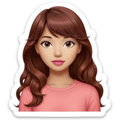 gorgeous woman, light tan skin, dark brown eyes, very long wavy auburn hair, bangs, pink top, coral lipstick, cool, model, mixed asian and latina sticker