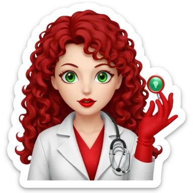 Lilith symbol sexy evil woman. She has green eyes.  had brown long curly hair.  evil surgeon kills with scalpel wears red sexy doctor coat with red mouth cover red gloves. Covers nose, neck  and mouth with red cloth sticker