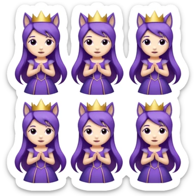 A collection of twelve chibi-style illustrations of a cute princess wearing a purple dress and crown with purple hair and purple wolf ears and purple wolf tail character. Each square shows the character doing different things against a white background And make a gap between each illusion sticker