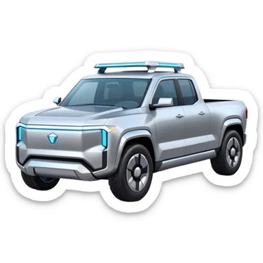 A futuristic electric pickup truck emoji, silver chrome body, angular cyber design, smooth metallic panels, subtle reflections, minimalistic proportions, iOS emoji style, centered composition, clean white background, soft lighting sticker