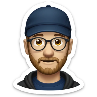 a white dude with a brown beard and sideburns and thin frame glasses wearing a black newsboy hat a navy blue pull over hoodie and dark blue t shirt sticker