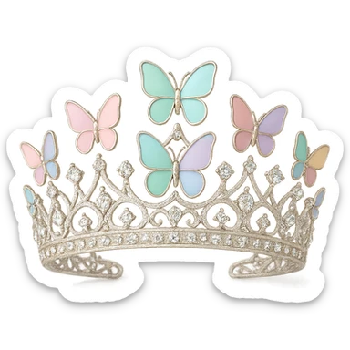 butterfly crown with a white base, butterflies in pastel enamel, sparkling gems, transparent background sticker
