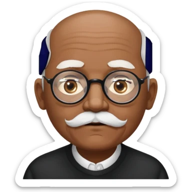 an elderly man with medium-dark skin tone, bald on top with short white hair at the sides, thick white eyebrows, large brown eyes, and wears black-framed glasses.
A small white beard sits above his mouth sticker