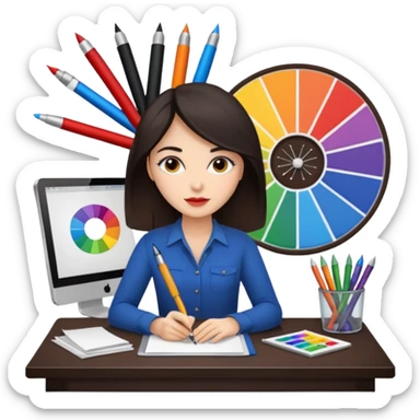 female dark hair graphic designer , color wheel, pens, papers , desktop sticker