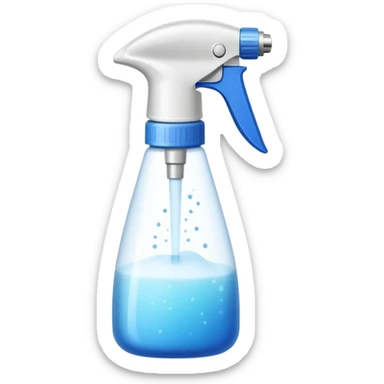 An emoji of a spray bottle actively spraying mist. A fine mist of tiny particles is visible in the air as the nozzle releases the spray. Can resemble a perfume, cologne, or cleaning product. Transparent bottle with a trigger or press nozzle, slightly tilted while spraying sticker
