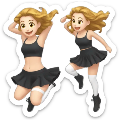 full-body-caucasian-curvy-beauty-jumping-short-black-skirt-back-and-front-views-strong-wind-knickers-long-white-socks sticker