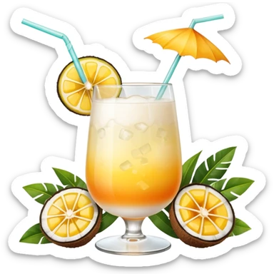 A beautiful cocktail with a creamy white to orange gradient, containing coconut juice and mango, reminiscent of summer. Above, there are tropical flowers, lemon slices, and a straws. sticker