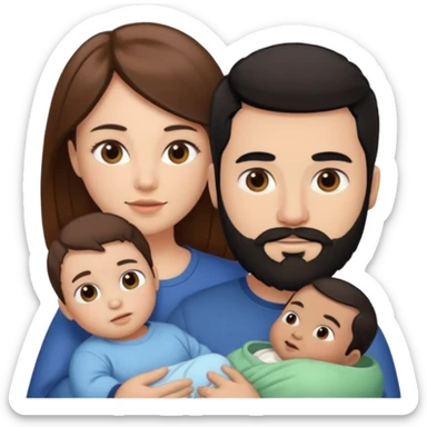 Una mujer con pelo castaño y ojos marrones y un hombre con pelo negro y barba y un bebe sticker