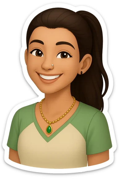 Change the hairstyle of the young woman to a ponytail. Keep her smiling with dark brown hair, brown eyes, nose piercing, wearing a green and cream blouse and a gold necklace. Convey happiness and relaxation. Remove any background, make it transparent. sticker