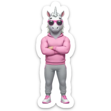 friendly anthropomorphised male white unicorn with a fit, chunky, muscular and strong physique, arms and legs matching the white of the head, wearing grey tracksuit pants and pink jumper, sunglasses, standing with arms folded sticker