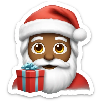 “An adorable full-body Santa in a red suit, fluffy white beard, rosy cheeks, big eyes, and a red hat with a white pom-pom, holding a small gift.” sticker