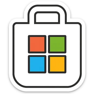 Create a cute Microsoft Store icon featuring a white shopping bag with a thin black outline. Include soft but distinct red, blue, green, and yellow squares on the bag. Use a flat color clip art style that is minimal and clean. No text. Transparent background. sticker