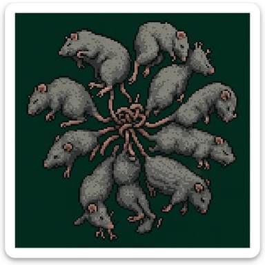 Edit the pixel art rat king to have gray rats with pink tails, keeping the tangled arrangement and pixel art style. sticker