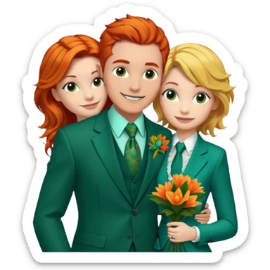 The man, with red hair and visible snake scales, wears a dark green suit with a green tie and an orange boutonnière. The woman, with blonde hair, wears a turquoise ballgown with lace details and holds a colorful tropical bouquet. They smile at each other.  sticker