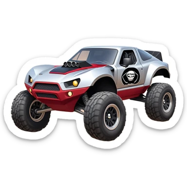 Satan’s and Vader (post race) Cabernet Dirty and dented Local Motors Rally Fighter off road race car hot rod trophy truck-style flying on a dusty road (silver wheels) sticker