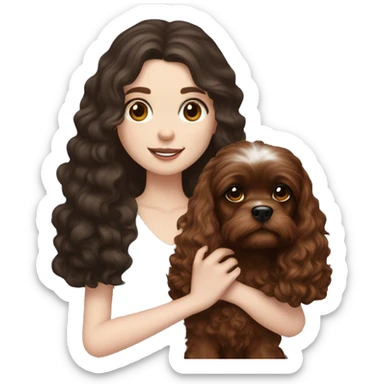pale skin girl with long dark brown hair that had a flower in her hair  holding a black and brown cavalier cavapoo dog  sticker