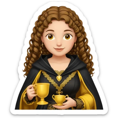 Helga Hufflepuff, brown-haired, 2 curly thick brown braids, yellow-black medieval dress, black cloak decorated with gold lace, tiny two-handled shiny yellow-gold cup, very kind smile, curvy busty sweet woman, thick rosy cheeks sticker