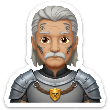 elderly tattooed knight, tattooed shoulder, long hair sticker